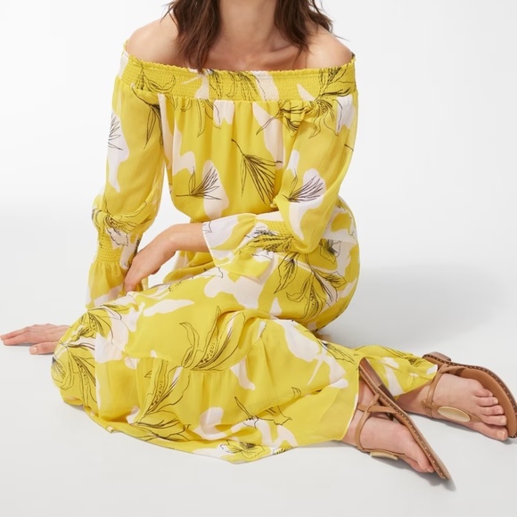 Chico's Pineapple Yellow Chiffon Off Shoulder Yellow Maxi Dress Size 4 - Picture 5 of 16